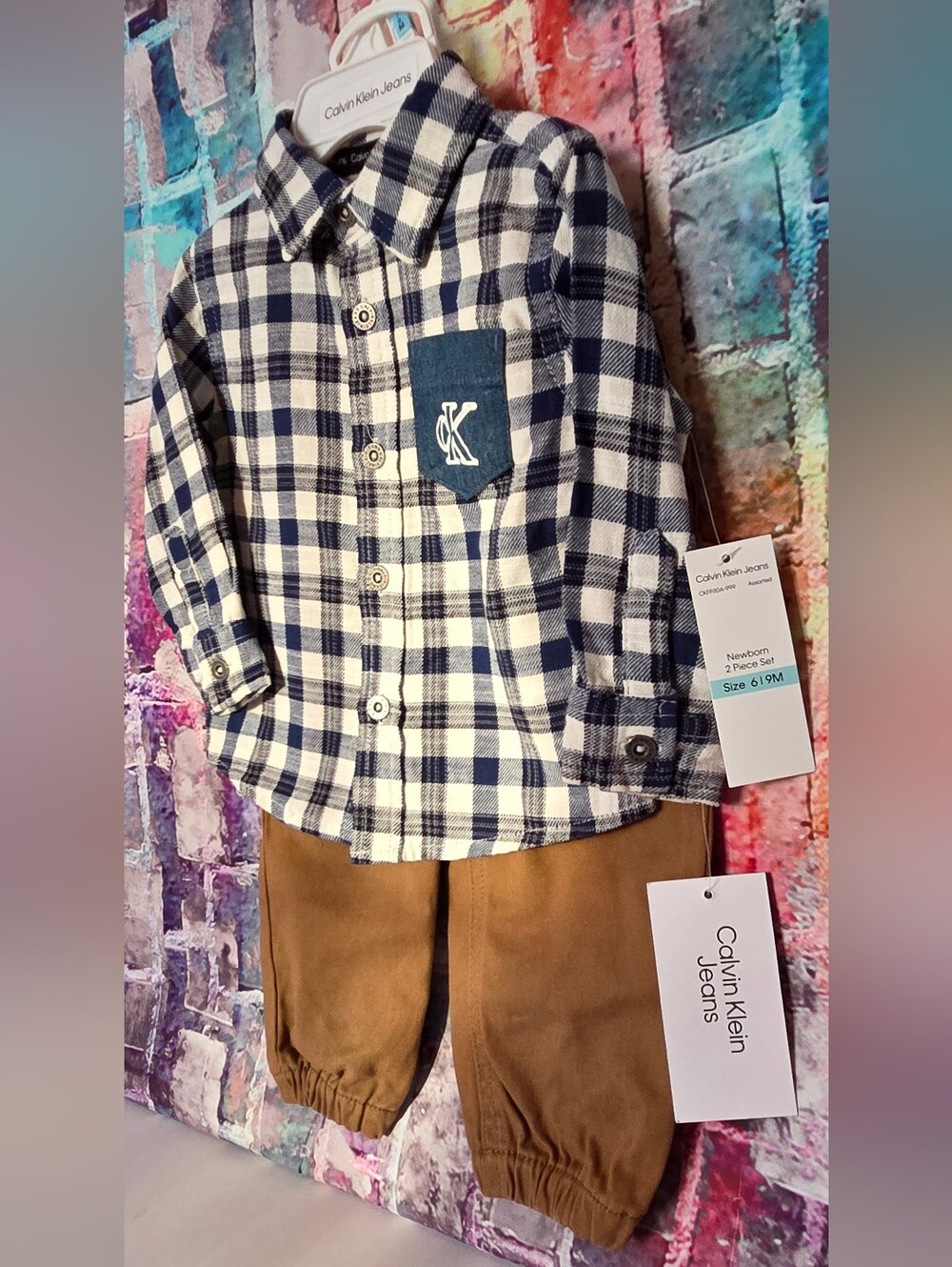 Calvin Klein Infant Navy & White Plaid Shirt with Brown Pants Set NWT